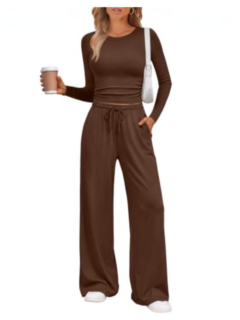 2 Piece Lounge Set Long Sleeve Wide Leg Pants 92% Rayon 8% Spandex Sweatsuit